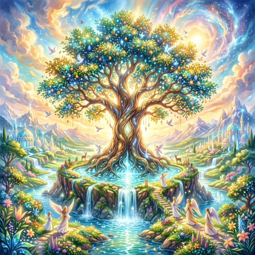 Large glowing tree of life with flowing water, angels, and vibrant fantasy landscape