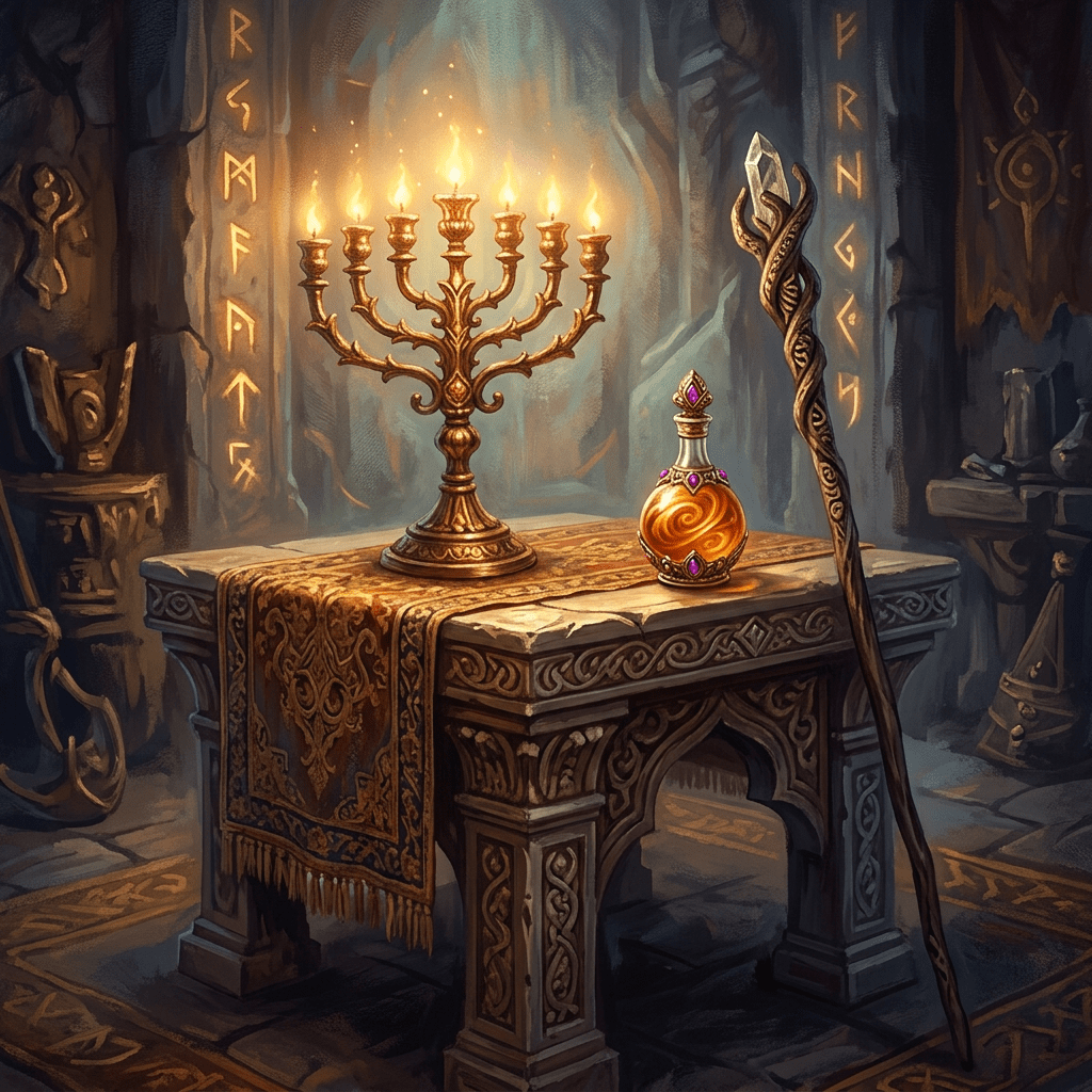Stone altar with ornate candelabrum, glowing potion bottle, and carved magical staff in chamber with glowing runes