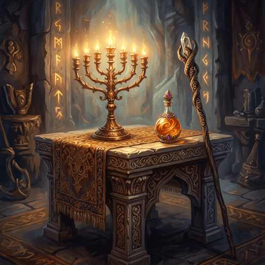 Stone altar with ornate candelabrum, glowing potion bottle, and carved magical staff in chamber with glowing runes