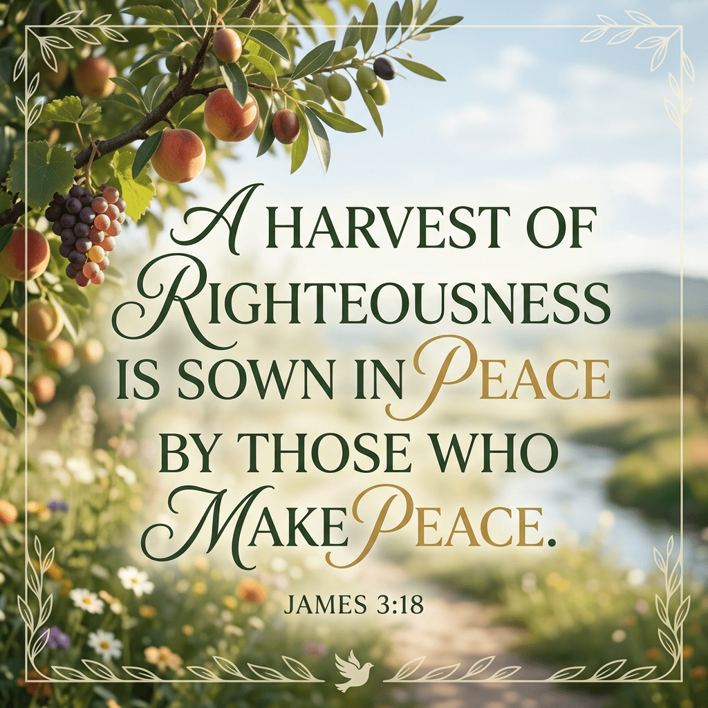 Quote from James 3:18 about righteousness and peace with fruit and flowers background