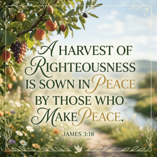 Quote from James 3:18 about righteousness and peace with fruit and flowers background
