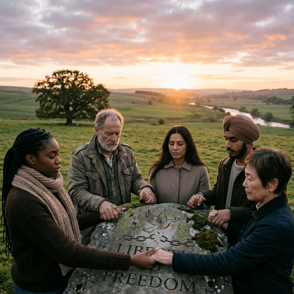 Five diverse individuals holding hands around a stone engraved with a dove and the words 'Liberty and Freedom'