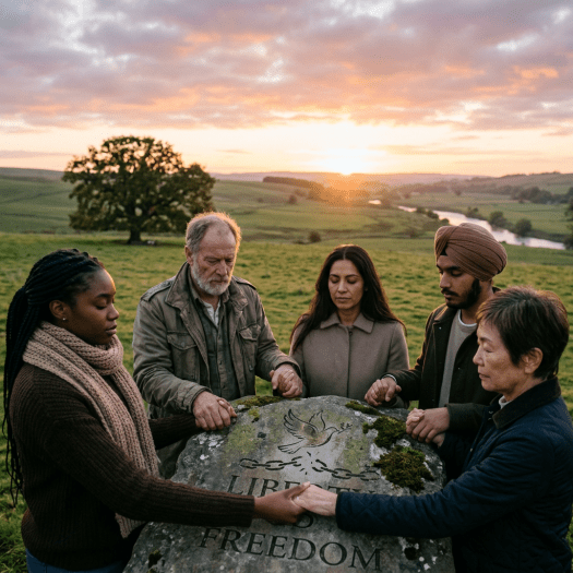 Five diverse individuals holding hands around a stone engraved with a dove and the words 'Liberty and Freedom'