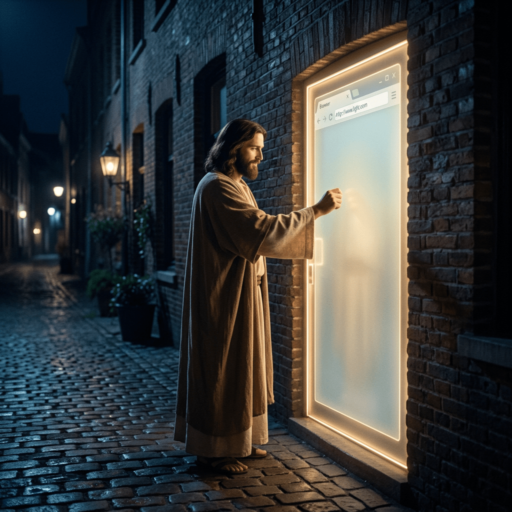 Man in robes knocking on illuminated digital door in nighttime alley
