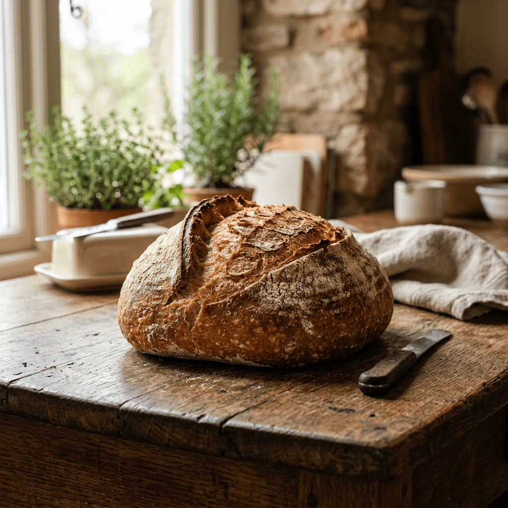 Round rustic loaf of artisan bread with crusty golden-brown exterior on wooden table