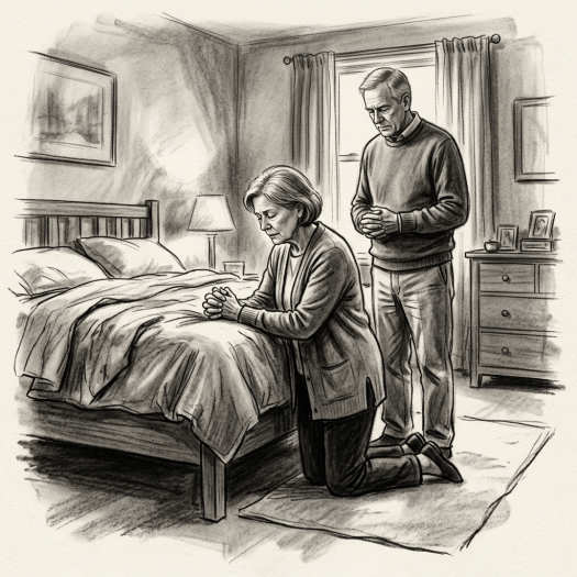 Middle-aged woman kneeling by bed praying, man standing behind with hands clasped