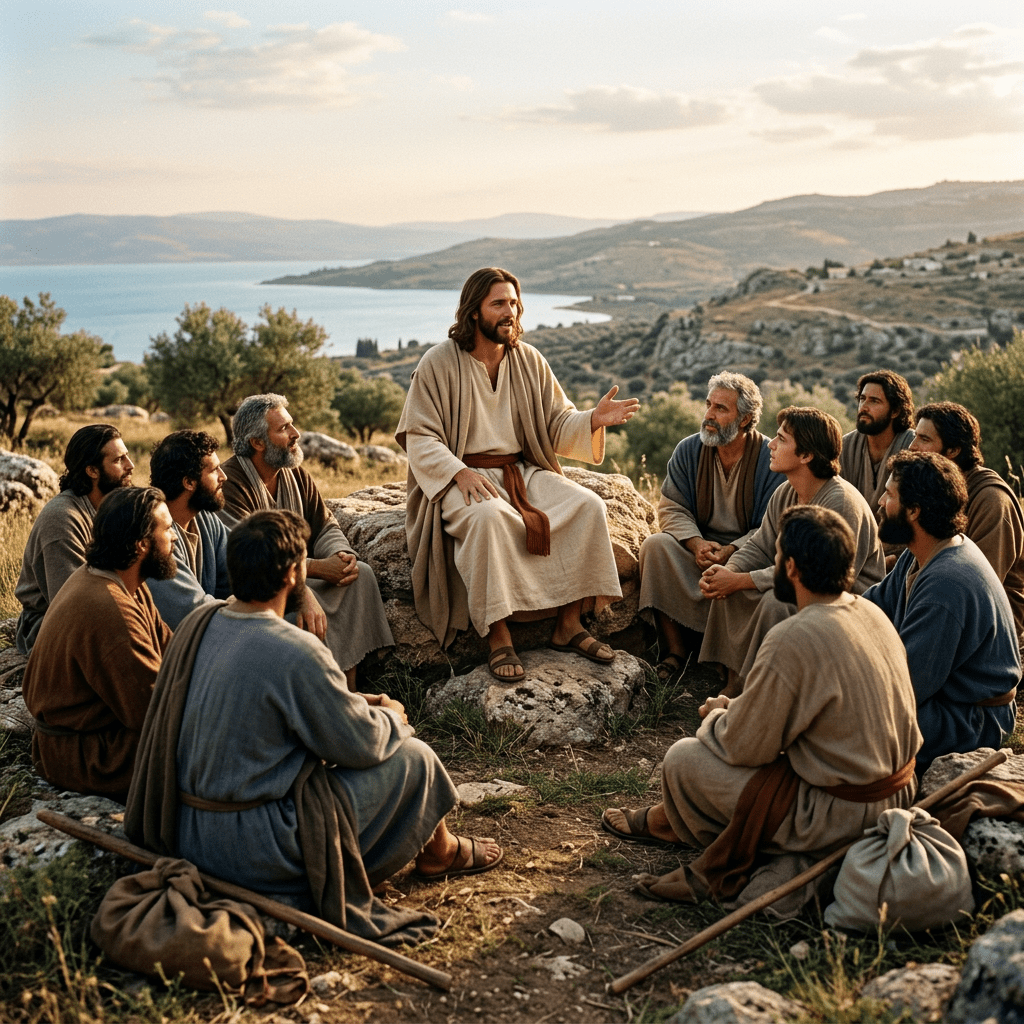 Jesus in robes teaching a group of disciples seated on the ground outdoors