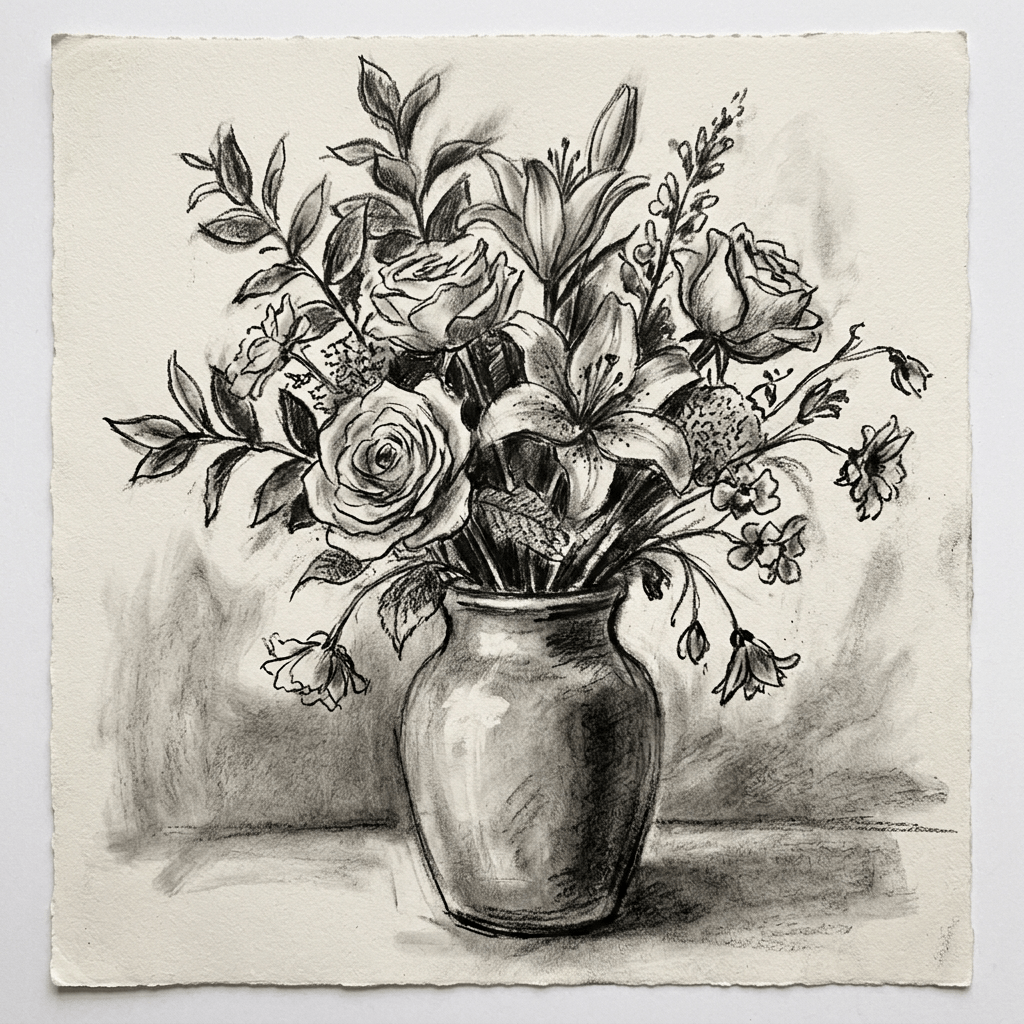 Charcoal drawing of a vase holding roses, lilies, and other flowers
