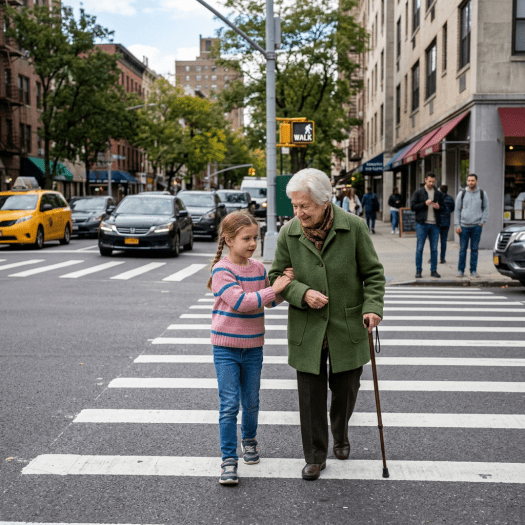 Grandmother with cane and young girl crossing city crosswalk holding arms