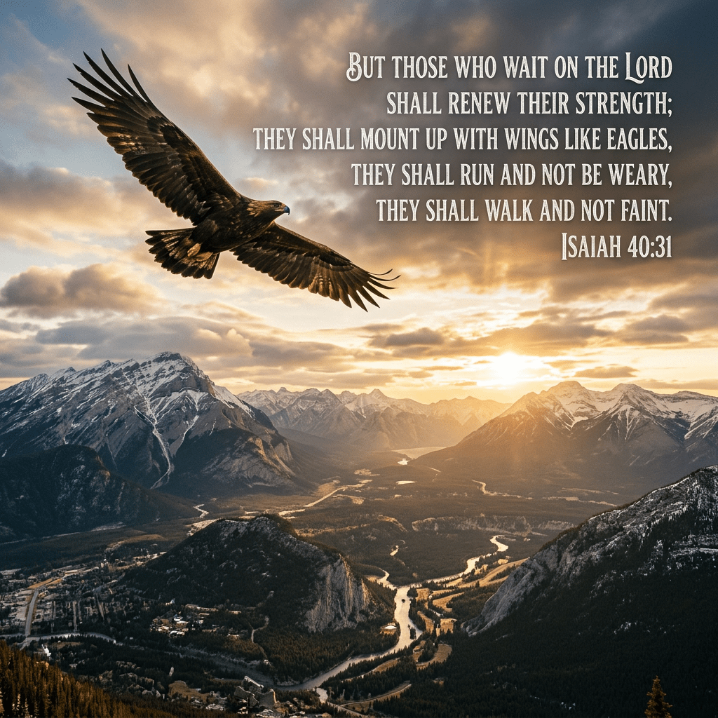 Eagle flying over a mountainous valley with a sunset and Isaiah 40:31 scripture