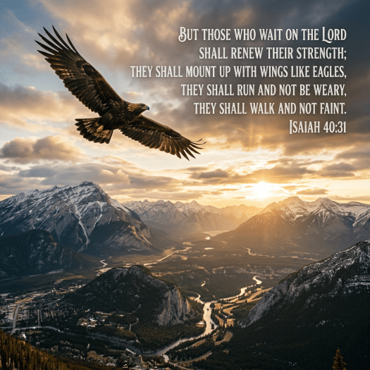 Eagle flying over a mountainous valley with a sunset and Isaiah 40:31 scripture