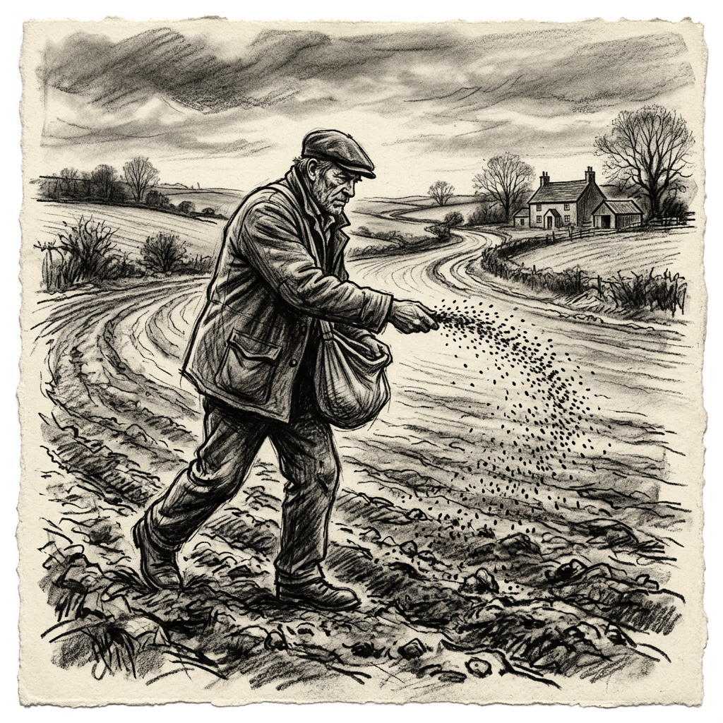 Elderly man scattering seeds by hand in a plowed field