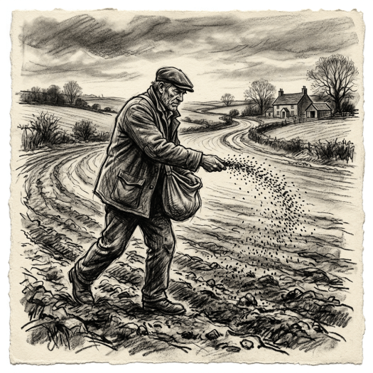 Elderly man scattering seeds by hand in a plowed field