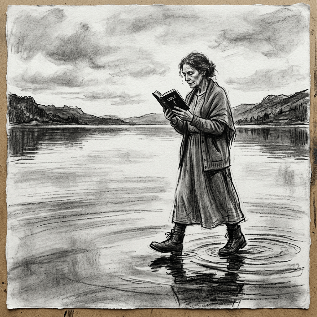 Woman reading a Bible while standing on still water with mountains and cloudy sky in background