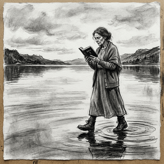 Woman reading a Bible while standing on still water with mountains and cloudy sky in background