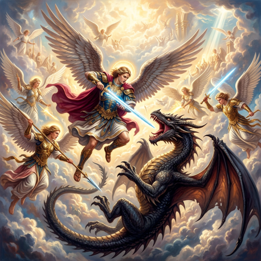 Archangels with glowing swords fight a roaring black dragon in the clouds
