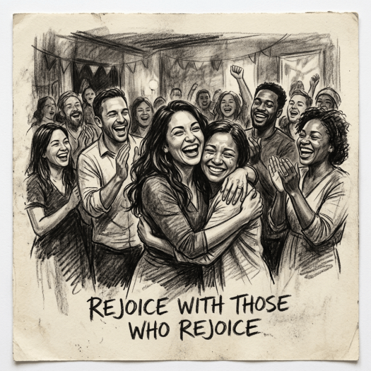Group of people smiling, hugging, and applauding in celebration