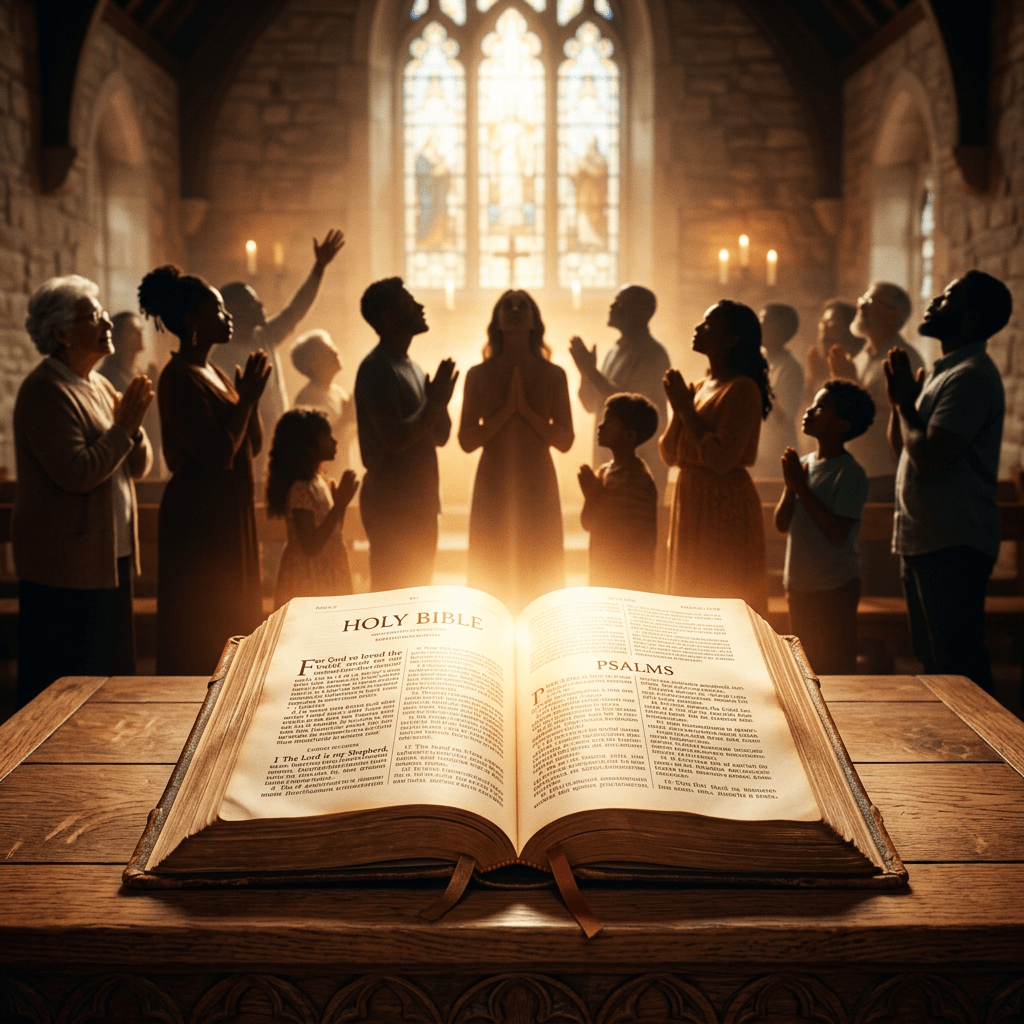 Open Bible on a wooden altar with people praying in church background