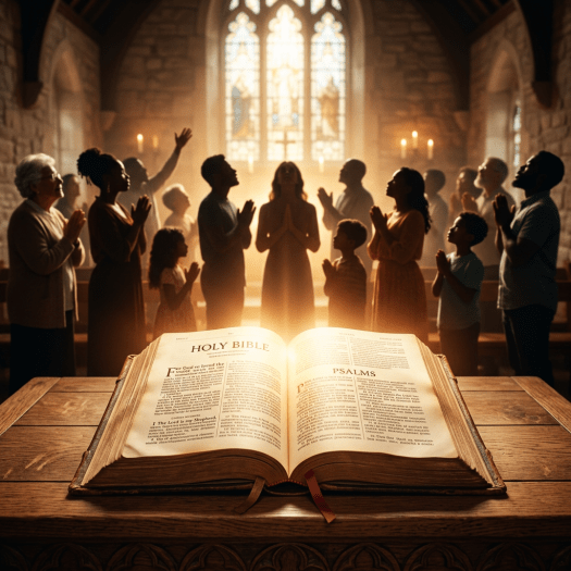 Open Bible on a wooden altar with people praying in church background