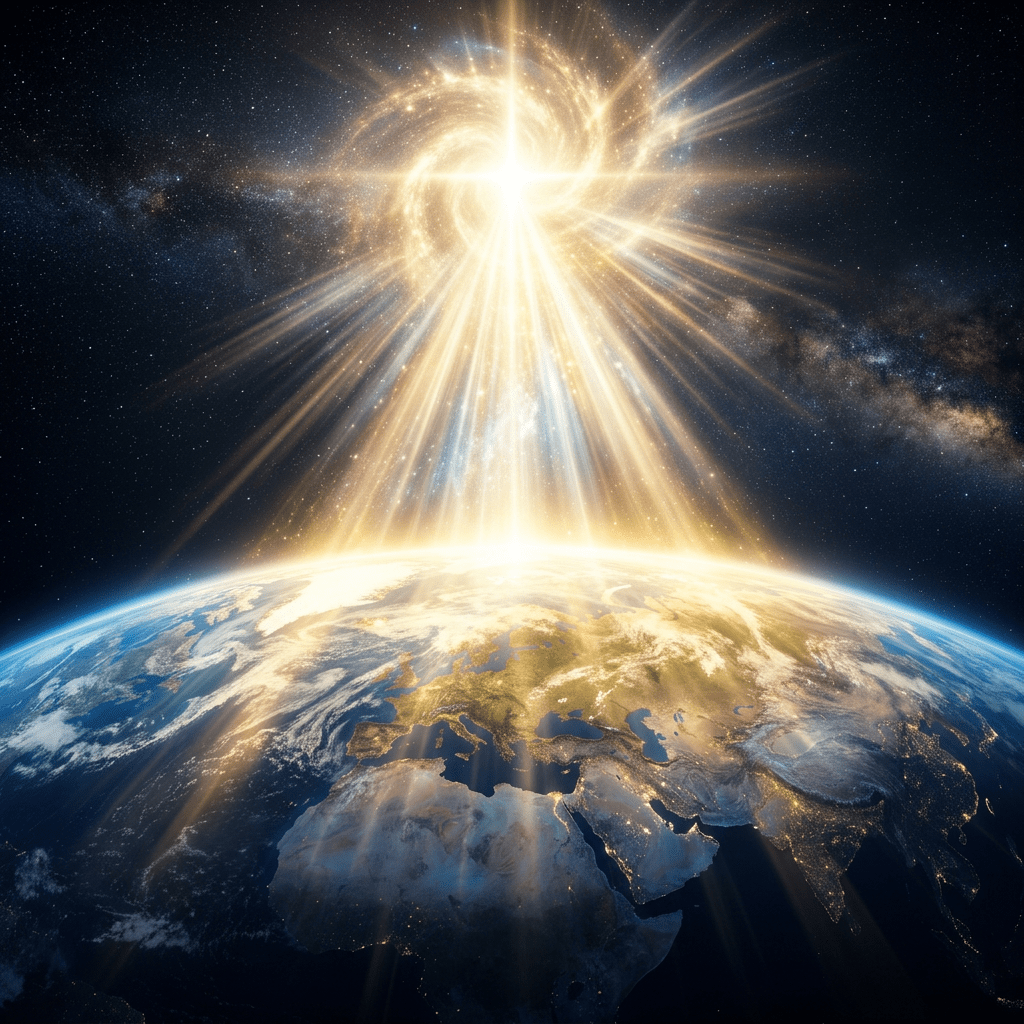 Bright golden cosmic light radiating from a spiral galaxy onto Earth showing Europe and Africa