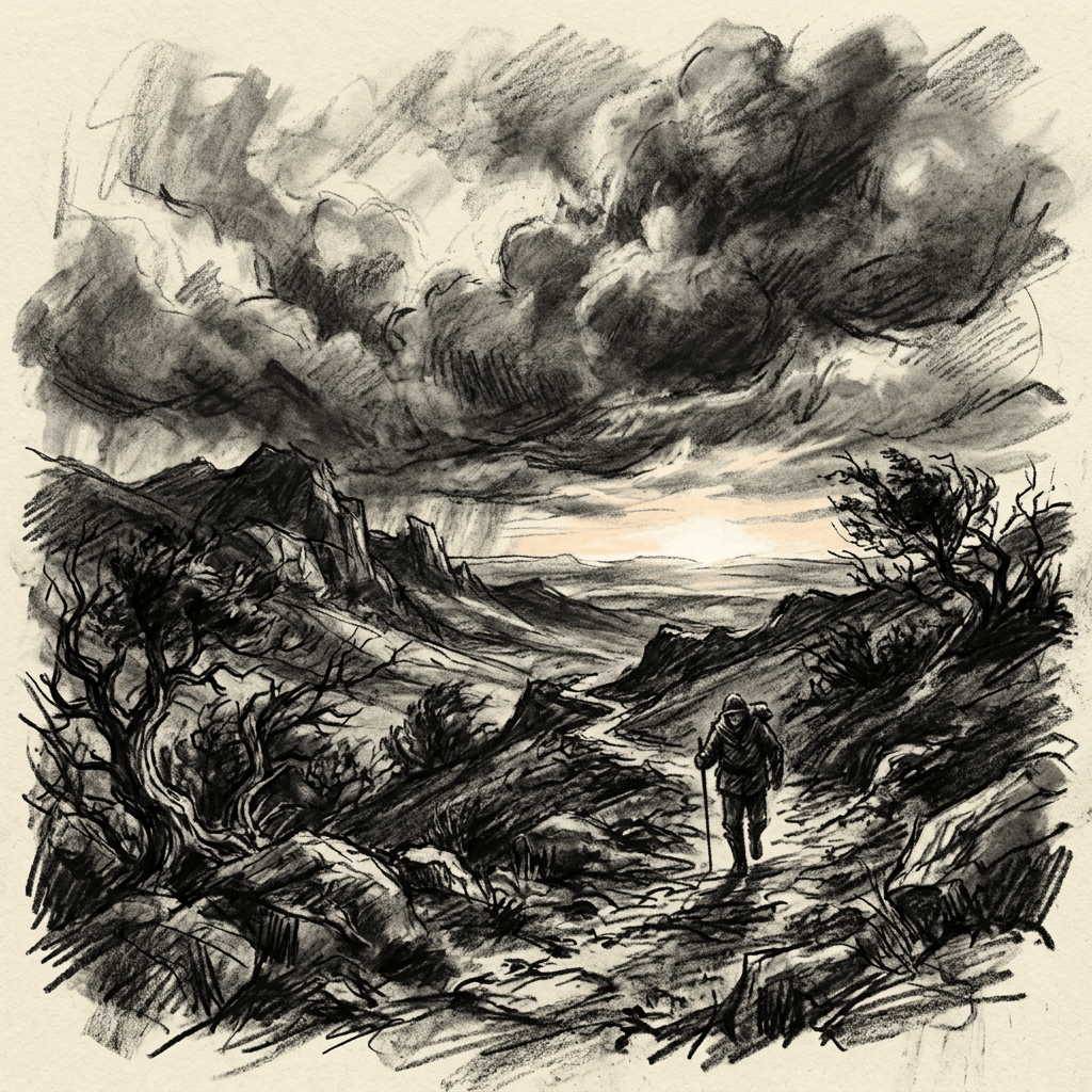 Solitary hiker with walking stick on rocky mountain trail under dark storm clouds