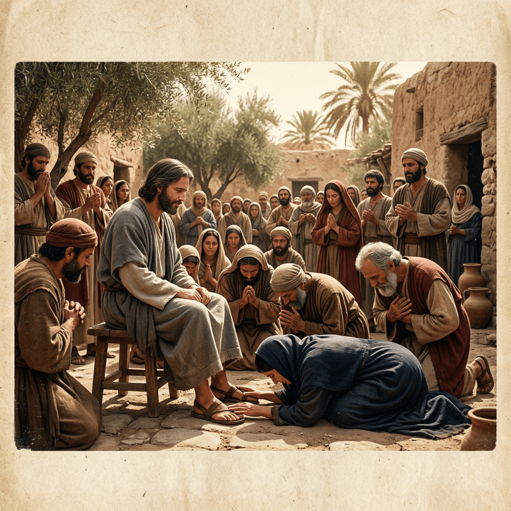 Woman washing man's feet surrounded by prayers in biblical village