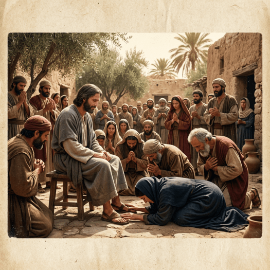 Woman washing man's feet surrounded by prayers in biblical village