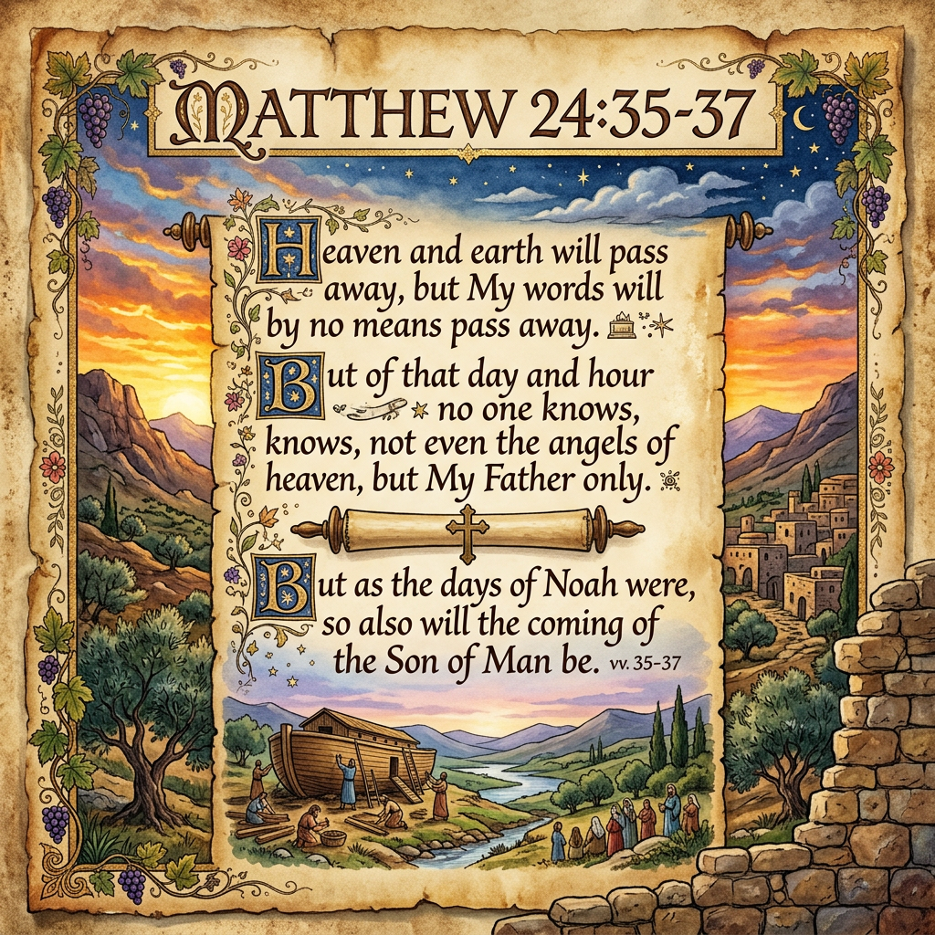 Matthew 24:35-37 scripture with illustration of Noah's Ark and a village at sunset