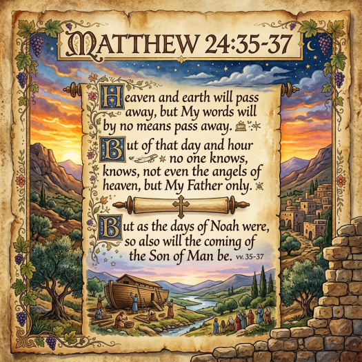 Matthew 24:35-37 scripture with illustration of Noah's Ark and a village at sunset
