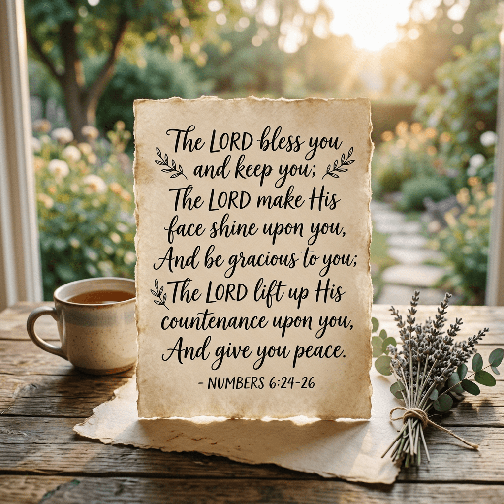 Parchment with Numbers 6:24-26 blessing text beside a coffee cup and lavender sprigs