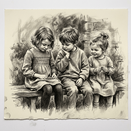 Three children sitting on a bench, two girls and one boy, engaged in a quiet activity together