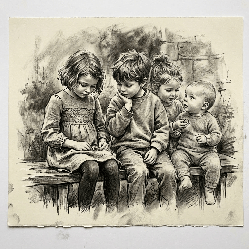 Four children sitting on a bench, two girls, one boy, and a baby boy