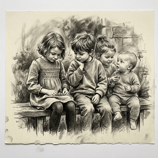 Four children sitting on a bench, two girls, one boy, and a baby boy