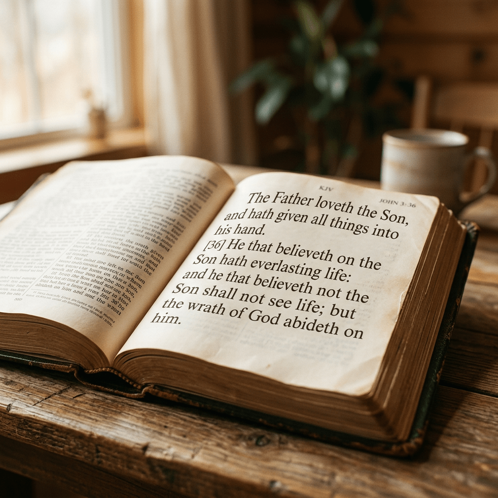 Open Bible displaying John 3:36 about faith and eternal life