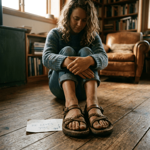 Woman sitting on wooden floor with a note saying 'HE LOVES YOU'