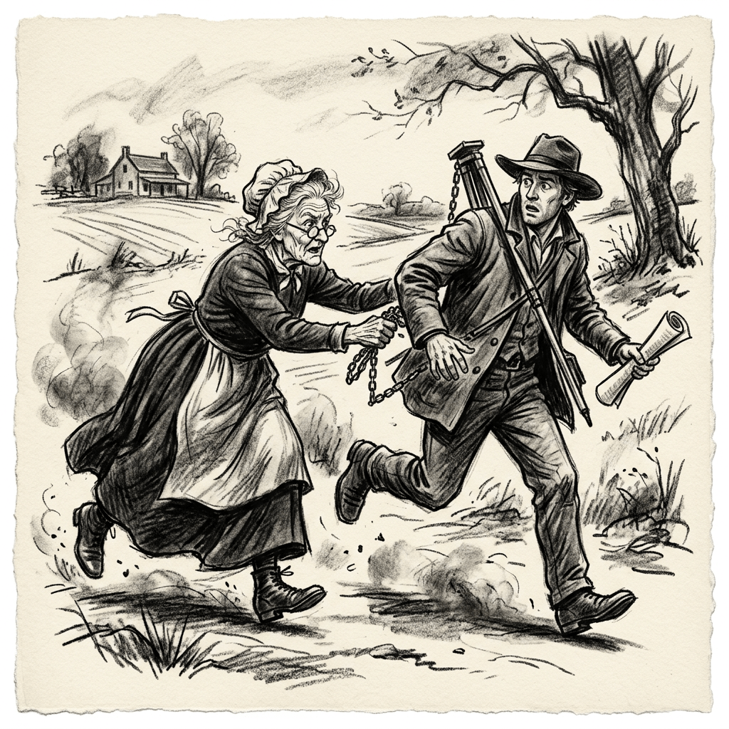 Elderly woman grabbing a fleeing man carrying tools and a rolled paper in countryside