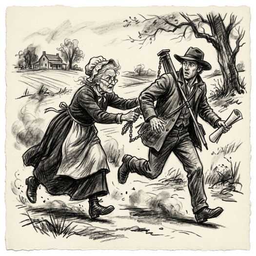 Elderly woman grabbing a fleeing man carrying tools and a rolled paper in countryside