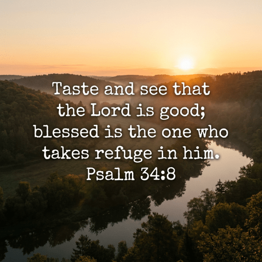 Psalm 34:8 text overlay on a sunrise view of a river winding through forested hills