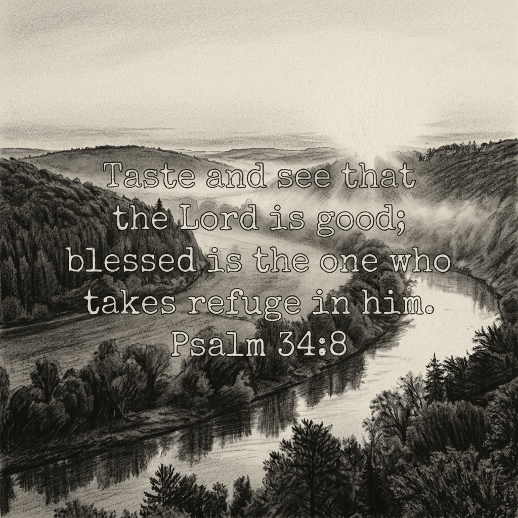 Psalm 34:8 text overlay on a sunrise view of a river winding through forested hills