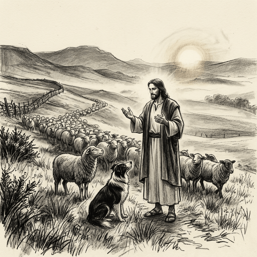 Jesus speaking to a dog and a flock of sheep in a grassy field with hills and sunrise