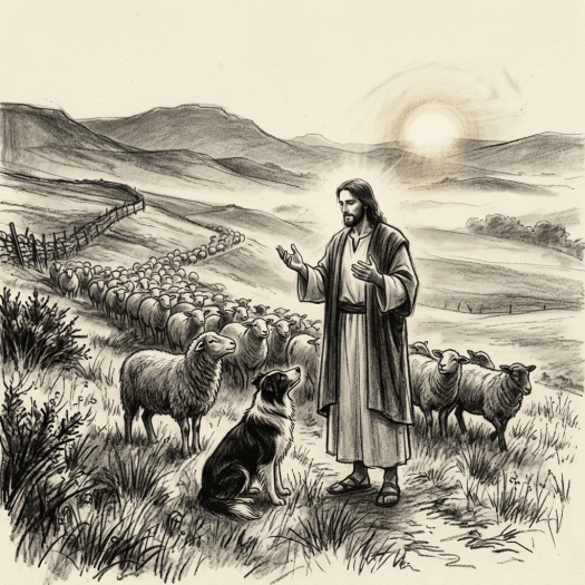Jesus speaking to a dog and a flock of sheep in a grassy field with hills and sunrise