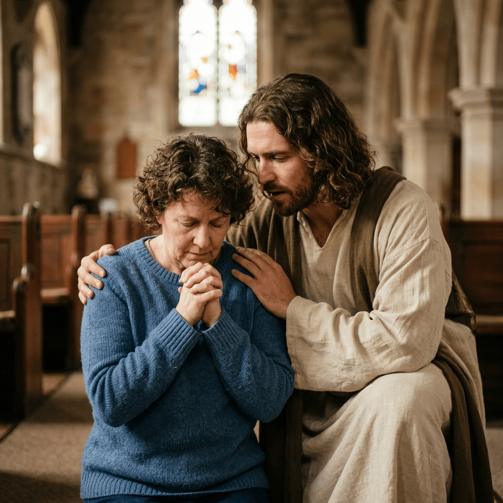 Person praying as another offers comfort inside a church