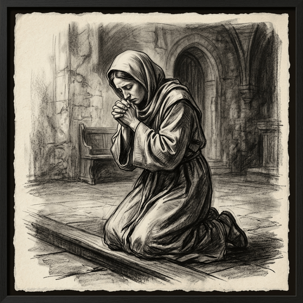 Veiled woman kneeling in prayer inside a stone building