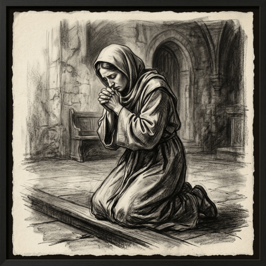 Veiled woman kneeling in prayer inside a stone building